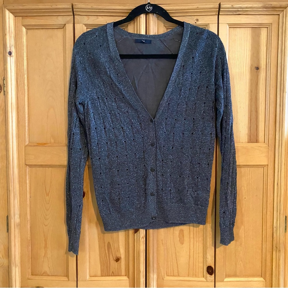 Gap Gray Silver Glitter Semi Sheer Open Knit V-Neck Button Up Sweater Size S